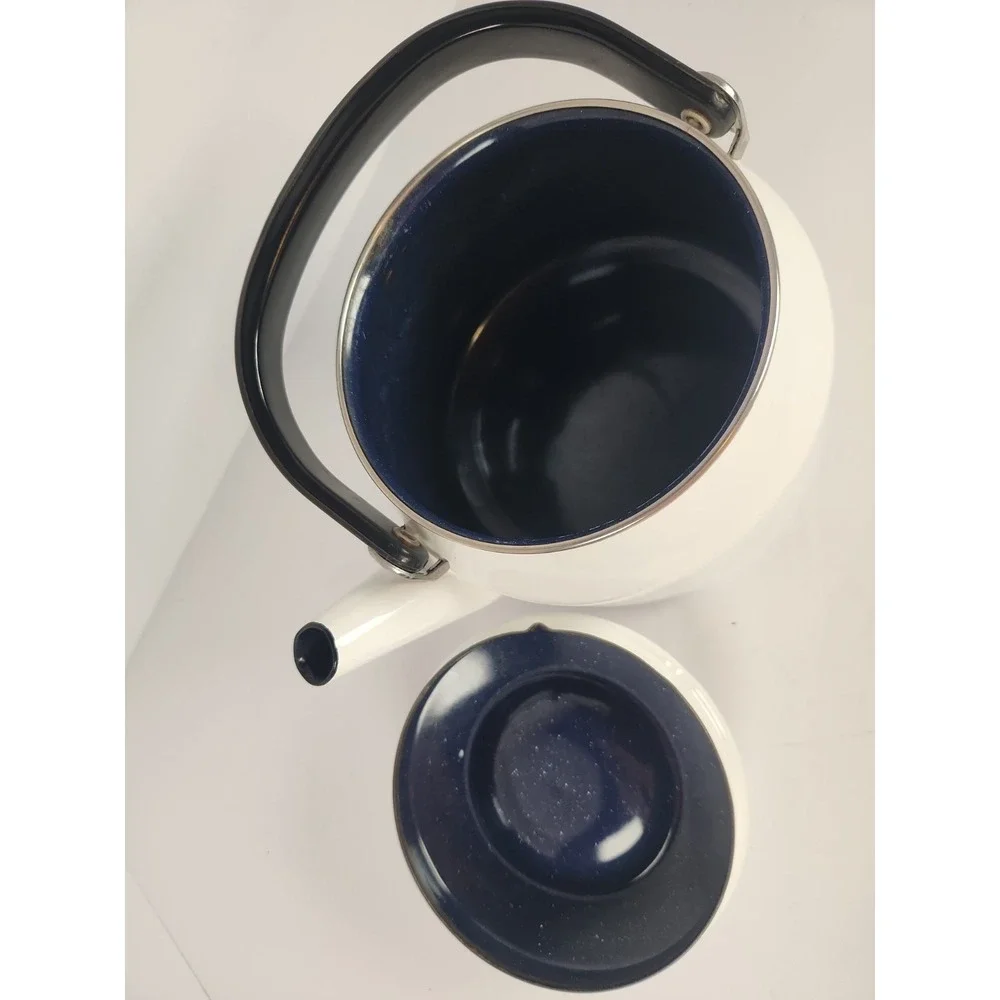 Vintage Siam Fuji Ware White Enamelware Tea Kettle 2 Qt Thailand Blue Interior